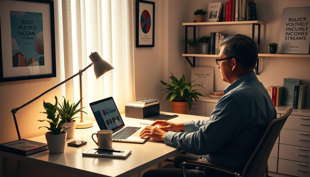 A well-lit, detailed scene of a person working on a laptop at a clean, minimalist home office desk. The desk is adorned with a potted plant, a cup of coffee, and organized work supplies. The walls feature tasteful art and shelves displaying self-help books about building multiple income streams. The lighting is warm and inviting, creating a productive atmosphere. The scene conveys a sense of focus, determination, and the pursuit of financial security beyond government benefits. A well-lit, detailed scene of a person working on a laptop at a clean, minimalist home office desk. The desk is adorned with a potted plant, a cup of coffee, and organized work supplies. The walls feature tasteful art and shelves displaying self-help books about building multiple income streams. The lighting is warm and inviting, creating a productive atmosphere. The scene conveys a sense of focus, determination, and the pursuit of financial security beyond government benefits.