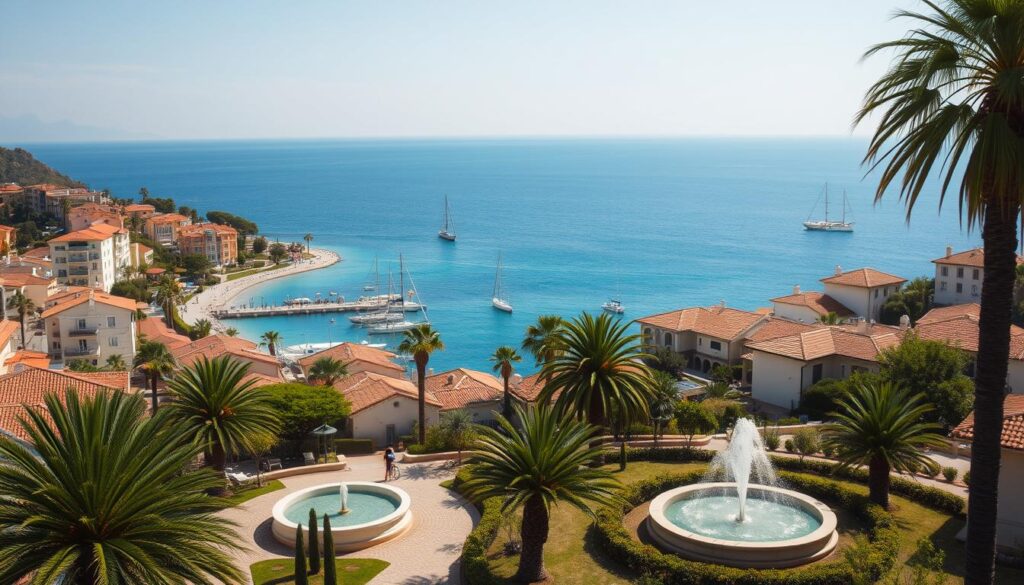 An idyllic coastal town nestled in a tax-friendly haven, sun-drenched buildings with terracotta roofs lining winding cobblestone streets. Palm trees sway gently in the warm breeze as sailboats glide across a turquoise harbor. In the foreground, a serene park dotted with lush greenery and a tranquil fountain, inviting retirees to relax and enjoy their golden years. The overall atmosphere radiates a sense of tranquility, financial security, and the promise of a carefree, prosperous retirement.