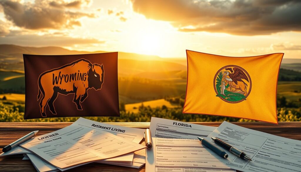 Prompt A detailed, side-by-side comparison of the retirement tax benefits in Wyoming and Florida. Set against a backdrop of rolling hills and lush landscapes, with the state flags of Wyoming and Florida prominently displayed. The foreground features financial documents, tax forms, and retirement planning materials, meticulously rendered to highlight the key differences in taxation and cost of living between the two states. Warm, golden lighting creates a sense of financial security and stability, while the composition emphasizes the financial implications of choosing one state over the other for retirement. The overall mood is informative, balanced, and visually engaging, reflecting the subject matter of the article.