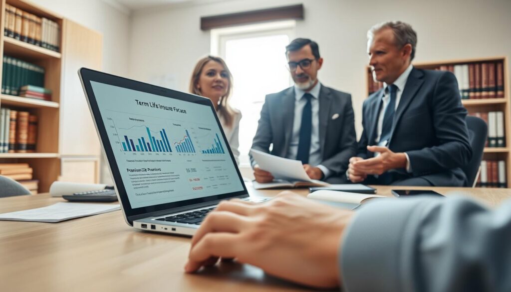 A close-up view of a professional financial advisor's desk, featuring a laptop displaying term life insurance charts and financial graphs related to premiums. In the foreground, a diverse group of three adults in business attire—one woman and two men—are engaged in a discussion, analyzing the information on the screen. Nearby, an open notebook and a calculator signify a serious planning session. The middle ground includes a window with natural light streaming in, creating a warm and inviting atmosphere. In the background, a shelf filled with books on financial planning and insurance emphasizes the theme of knowledge and understanding. The lighting is bright and balanced, evoking clarity and professionalism. The overall mood is focused and informative, reflecting a serious but approachable environment for financial decision-making.