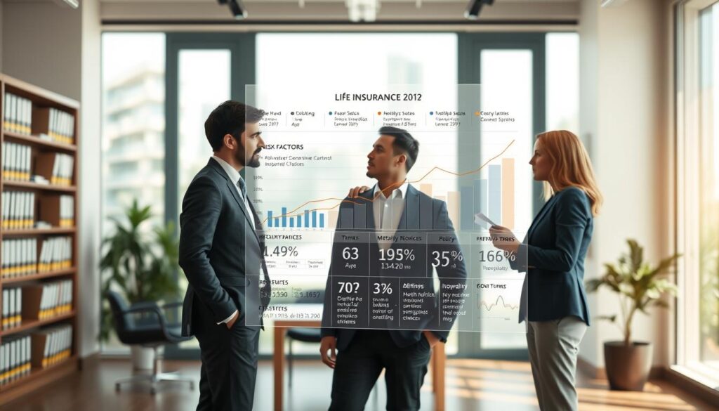 A conceptual illustration of key factors affecting life insurance premiums, featuring a professional business setting. In the foreground, a diverse group of three individuals in business attire are engaged in a discussion, analyzing charts and graphs that represent risk factors such as age, health status, and lifestyle choices. In the middle ground, a large, transparent overlay graph displays various metrics like mortality rates and policy terms. In the background, a softly lit office environment with shelves of insurance books and a large window allowing natural light to filter in, creating a warm and inviting atmosphere. The overall mood is focused and informative, capturing the essence of decision-making in life insurance. The perspective is slightly angled, resembling a wide lens view, emphasizing both the people and the data.