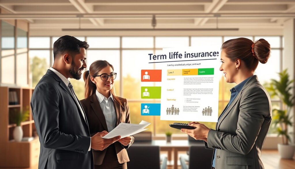 A conceptual illustration of term life insurance, featuring a professional business setting. In the foreground, a diverse group of three professionals, dressed in smart business attire, discussing a financial document and a calculator. In the middle ground, a large visual representation of a life insurance policy contract, with vibrant icons symbolizing coverage levels, such as dollar signs and family silhouettes. The background features a modern office space with a large window revealing a bright, sunny day. Natural light floods the room, casting soft shadows and creating an optimistic and reassuring atmosphere. The image should evoke a sense of security and financial planning, emphasizing the importance of choosing the right coverage.