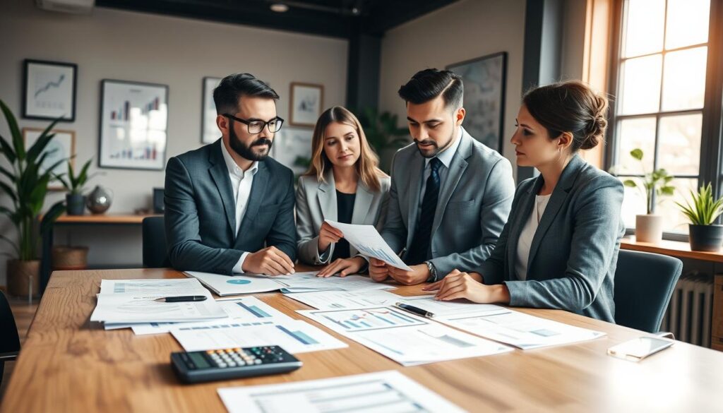 A focused image depicting a diverse group of three professionals, two men and one woman, thoughtfully discussing financial planning in a modern office environment. The foreground features a large wooden table covered with charts, documents, and a calculator, emphasizing the analytical aspect of determining life insurance needs. In the middle ground, the professionals are engaged in conversation, one pointing at a financial chart while the others listen attentively, their expressions serious and contemplative. The background shows a large window with natural light streaming in, creating a warm and inviting atmosphere. The office is tastefully decorated with plants and framed financial illustrations. Capture this scene with a soft focus effect, highlighting the subjects while maintaining a professional and polished aesthetic.