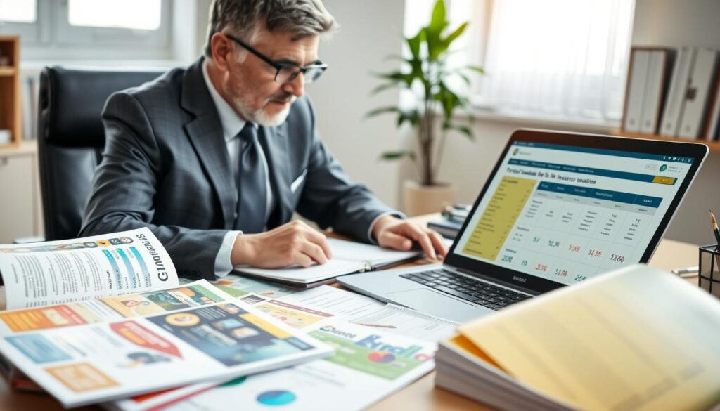 A meticulously organized desk scene showcasing a professional individual, a middle-aged person dressed in business attire, deeply engaged in comparing term life insurance options. In the foreground, various colorful brochures and comparison charts are displayed, highlighting different insurance plans. The middle ground features a laptop open to a detailed comparison website, with visible icons representing rates and coverage. The background includes a well-lit office environment with soft natural light streaming through a window, creating a warm and inviting atmosphere. A potted plant adds a touch of life to the scene. The overall mood conveys focus and professionalism, embodying the process of making informed financial decisions.