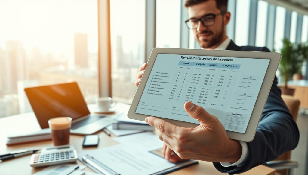 A modern office setting filled with natural light, showcasing a confident business professional in smart attire, comparing term life insurance options on a laptop. In the foreground, a close-up of a hand holding a digital tablet displaying various quotes and comparison charts. The middle ground features a stylish desk cluttered with documents, a calculator, and a coffee mug, emphasizing an organized yet dynamic workspace. In the background, large windows reveal a city skyline, adding depth and context. The lighting is bright and warm, creating an inviting atmosphere. The overall mood conveys focus and determination, highlighting the importance of making informed financial decisions.