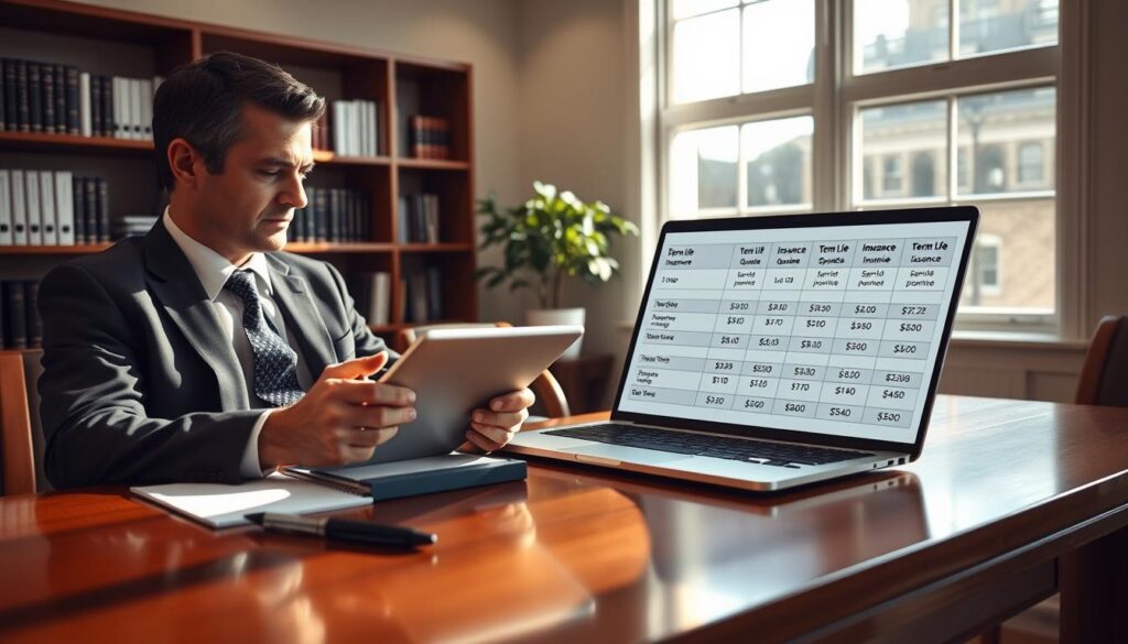 A professional and inviting office environment with a polished wooden desk and a laptop open displaying a table of term life insurance quotes categorized by age. In the foreground, a middle-aged man in a suit is thoughtfully comparing quotes on a tablet, with a pen and a notepad beside him. The middle area features a large window allowing gentle natural light to fill the room, casting soft shadows. In the background, bookshelves lined with financial books and a potted plant enhance the atmosphere of informed decision-making. The overall mood is focused yet calm, emphasizing the importance of making educated choices regarding term life insurance. The image is well-lit, hinting at a sunny day outside, shot from a slightly elevated angle to capture the entire scene beautifully.
