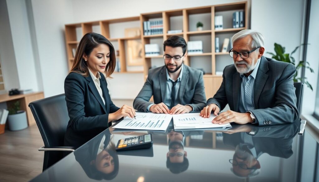 A professional and serene office setting, showcasing a diverse group of three individuals – a middle-aged woman in a smart business suit, a young man in a neat blazer, and an elderly gentleman in a tailored suit. They are seated around a sleek, modern table, reviewing documents related to term life insurance, with charts and graphs clearly visible. In the foreground, a calculator and a pen rest on the table. The middle ground features a large window allowing natural light to fill the room, casting a soft glow. The background includes a bookshelf filled with financial books and a potted plant for a touch of greenery. The mood is focused and collaborative, emphasizing trust and professionalism, captured with a slightly tilted camera angle to create a dynamic composition.