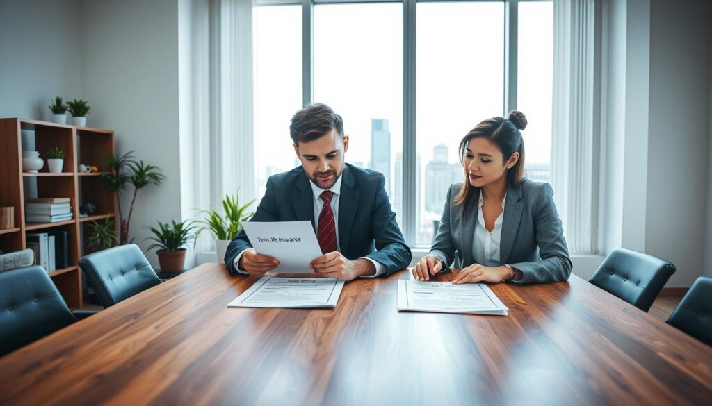 A professional, bright office scene with two individuals discussing financial options over a wooden conference table. In the foreground, a male and female financial advisor in smart business attire review two documents labeled "Term Life Insurance" and "Whole Life Insurance." The middle ground features a large window allowing natural light to pour in, illuminating a modern office space with potted plants and a bookshelf. In the background, a city skyline is visible, emphasizing a thriving business atmosphere. The mood is focused and collaborative, conveying clarity and professionalism. Soft, even lighting highlights the documents on the table, and the angle captures both advisors engaged in conversation, promoting a sense of trust and expertise.