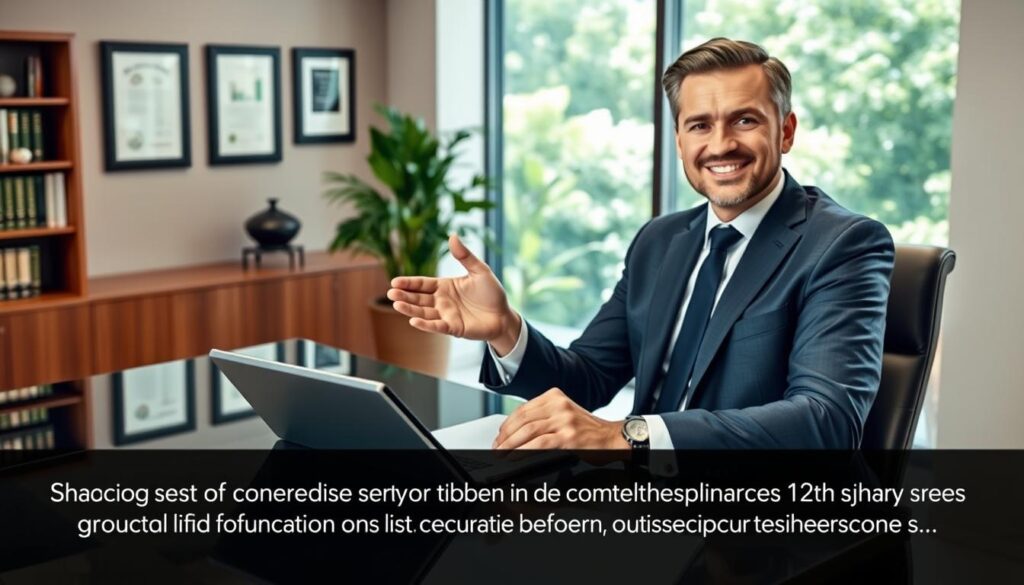 A professional business setting showcases a confident financial advisor, dressed in a tailored suit, sitting at a sleek desk in a modern office. The foreground features the advisor, gesturing towards a digital tablet displaying a chart that symbolizes growth and stability in life insurance options. The middle ground includes a large window with natural light pouring in, highlighting lush greenery outside, while the background displays tasteful decor, including framed certificates and a bookshelf filled with financial literature. The scene is well-lit, creating a positive and inviting atmosphere, suggesting trustworthiness and expertise. The angle is slightly above eye-level, capturing the advisor's promising expression as they explain the benefits of converting term life insurance to a whole life policy, embodying professionalism and financial reassurance.