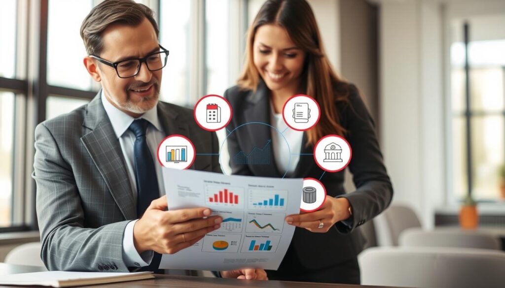 A professional business setting showcasing various factors that impact life insurance rates. In the foreground, a well-dressed financial advisor, wearing a suit and glasses, is discussing with a client, a casually dressed person, over a document featuring charts and graphs on life insurance. In the middle, there are visual representations of key factors, like age, health status, lifestyle choices, and family history, illustrated as infographics or icons surrounding them. The background features a modern office environment with large windows, allowing soft natural light to stream in, creating a positive and professional atmosphere. The scene is captured with a slight depth of field, emphasizing the conversation while gently blurring the background for focus.