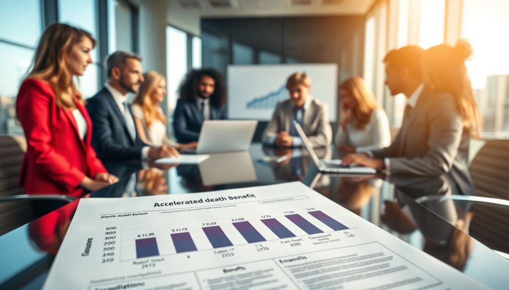 A professional business setting where a diverse group of people, dressed in smart business attire, discuss the concept of "accelerated death benefit." In the foreground, a close-up of a document with a chart illustrating payouts and benefits is prominently displayed, signifying financial security. In the middle, the group is engaged in a focused conversation around a sleek conference table, with laptops and financial graphs in view. The background features a modern office environment with large windows allowing natural light to flood in, creating an uplifting and optimistic atmosphere. Soft shadows and warm lighting enhance the scene, conveying a sense of trust and professionalism. Camera angle set at eye level for an intimate yet professional feel.
