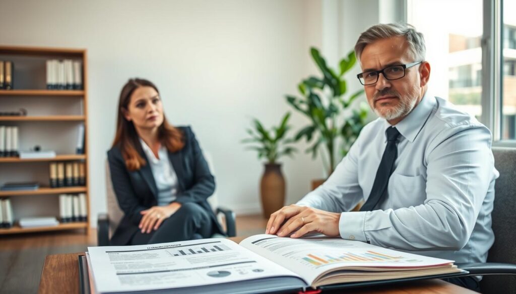 A professional financial advisor in a bright, modern office, sitting across from a concerned couple in business attire, discussing important financial goals. The foreground features an open binder filled with documents and charts illustrating various life insurance options, symbolizing informed choices. In the middle ground, a large window allows natural light to flood in, creating a warm and inviting atmosphere. In the background, shelves lined with financial books and a potted plant add a natural touch. The overall mood is serious yet hopeful, highlighting the couple's commitment to securing their family’s future. The image should be well-lit, with a soft focus on the faces of the advisor and the couple, emphasizing their conversation.