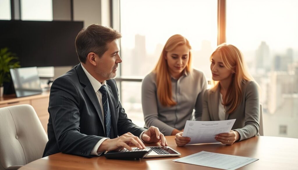 A professional financial advisor in a modern office setting, attentively discussing term life insurance options with a young couple, who appear engaged and thoughtful. The advisor is wearing a smart business suit, while the couple is dressed in modest casual clothing. In the foreground, there are clear visual elements of insurance documents and a calculator on the table, symbolizing financial planning. The middle ground features a large window allowing natural light to flood the room, with a city skyline visible in the background. The atmosphere is one of trust and professionalism, conveying the importance of making informed financial decisions. The lighting is warm and inviting, creating a reassuring environment for the couple's discussion.