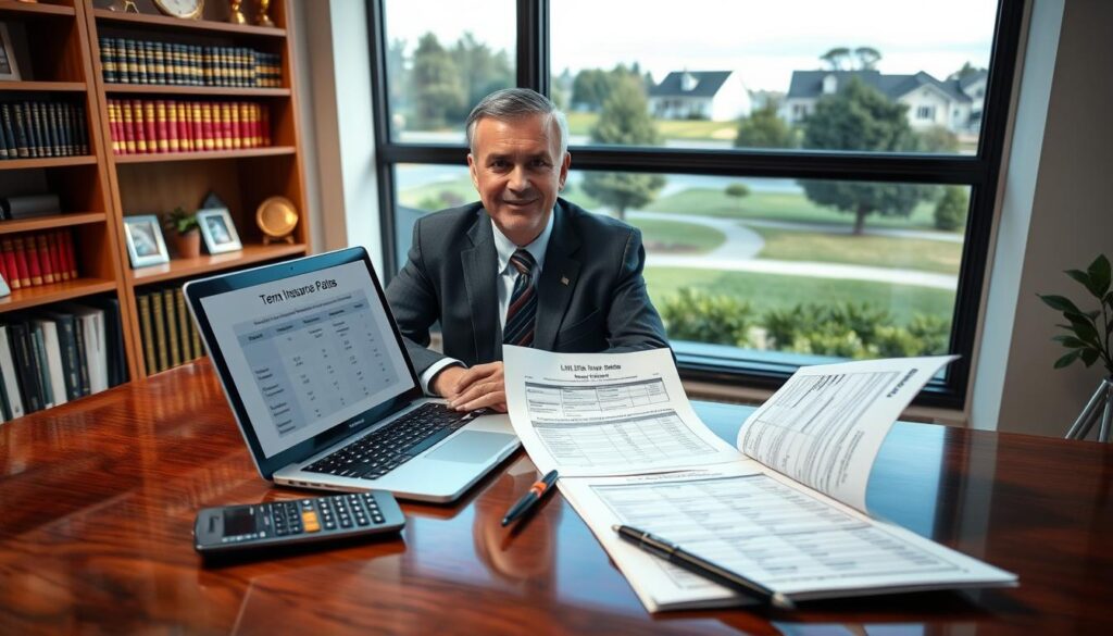 A professional financial advisor seated at a polished wooden desk, reviewing life insurance policy documents. In the foreground, a laptop displays comparison charts of term life insurance rates, with a calculator and pen nearby. The advisor, a middle-aged person in business attire, appears focused yet approachable, exuding confidence. In the middle ground, shelves filled with neatly organized financial books and awards can be seen, symbolizing expertise. In the background, a large window showcases a serene suburban landscape, suggesting stability and security. The lighting is warm and inviting, enhancing a sense of trust, with soft shadows adding depth. The overall mood is informative and professional, conveying the importance of making informed decisions about life insurance.