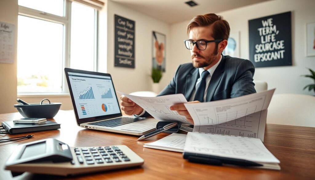 A professional financial advisor sitting at a modern desk, analyzing a financial plan with a laptop open, displaying charts and graphs related to term life insurance. In the foreground, a calculator, a notepad filled with handwritten notes, and a pen are neatly organized. The middle ground features the advisor in business attire, carefully examining the documents while wearing glasses and looking focused. The background showcases a bright, well-lit office with motivational posters on the walls and a large window allowing natural light to flood in, creating an optimistic atmosphere. The scene captures a sense of professionalism and success, emphasizing the idea of practical savings on life insurance without compromising on essential coverage. Soft, warm lighting enhances the inviting ambiance.