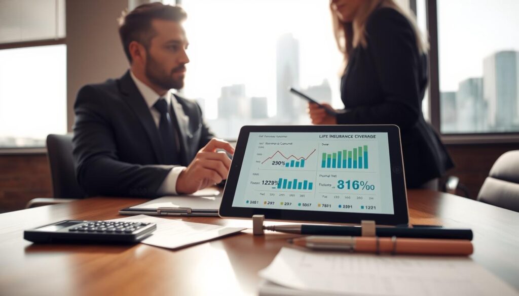A professional financial advisor sitting at a sleek wooden desk, focused on a digital tablet displaying graphs and numbers related to life insurance coverage amounts. In the foreground, a calculator and a notepad with financial notes are present, symbolizing careful planning. The middle background features a large window letting in soft natural light, revealing a city skyline, adding a sense of professionalism. The atmosphere is calm and focused, suggesting thoughtful decision-making. The advisor, dressed in a smart business suit, appears engaged in discussion with a client, who is taking notes on a notepad. The overall lighting is warm, emphasizing a trusting and informative environment, captured from a slightly elevated angle to showcase the interaction and the important documents on the desk.