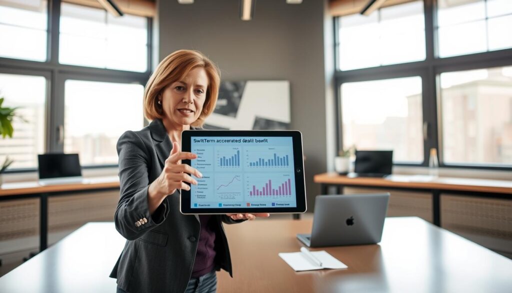 A professional insurance agent discussing the Symetra SwiftTerm accelerated death benefit in a sleek, modern office environment. In the foreground, a focused, well-dressed middle-aged woman gestures towards a digital presentation on a tablet, showcasing graphs and benefits of affordable term life insurance. In the middle ground, a contemporary conference table with documents and a laptop enhances the business atmosphere. The background features large windows allowing natural light to fill the room, casting soft shadows and creating a welcoming ambiance. Use a wide-angle lens to capture the entire scene, emphasizing the professionalism and warmth of the setting. The overall mood should be optimistic and reassuring, reflecting trust in financial planning and accessible living benefits.