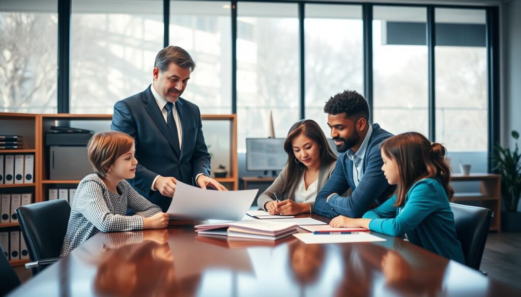 A professional insurance agent in a smart suit, standing confidently in a contemporary office environment, engages with a diverse family seated at a polished wooden table. The family appears relieved and comfortable as they review documents, symbolizing the peace of mind that comes with securing their future through term life insurance. Soft, natural lighting streams through large window panes, creating a warm atmosphere. In the background, shelves filled with insurance books and certificates add context. The scene captures a moment of trust, support, and professionalism, emphasizing the importance of understanding how term life insurance protects loved ones. The focus is on the interaction, with a slight depth of field to keep the family and agent clear while softly blurring the background elements.