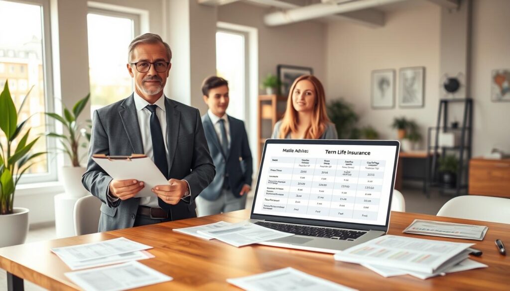 A professional-looking insurance advisor, a middle-aged man in a sharp business suit, stands confidently at a modern wooden desk, holding a clipboard and discussing options with a young couple dressed in business casual attire. The foreground features the desk with scattered documents related to term life insurance policies. In the middle, a large, open laptop shows comparison charts of different coverage plans, highlighting their features. The background includes a bright office with large windows letting in natural light, plants, and insurance-themed decor. The lighting is warm and inviting, creating a feeling of trust and professionalism. The overall mood is focused yet approachable, illustrating the importance of picking the right policy type for term life insurance coverage.