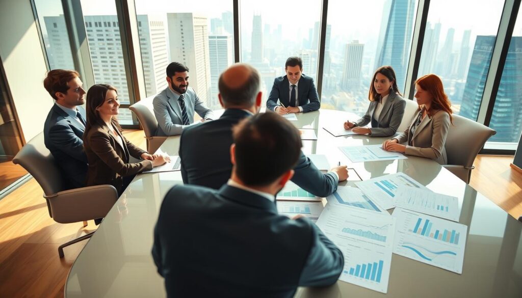 A professional office environment illustrating "Term Life Insurance." In the foreground, a diverse group of well-dressed business professionals, engaged in a discussion around an elegant conference table, representing trust and collaboration. In the middle ground, documents and charts showcasing insurance rates and policy details spread across the table, emphasizing clarity and transparency. The background features a sleek cityscape view through large windows, with natural daylight streaming in, creating a bright, optimistic atmosphere. The lighting is soft yet vibrant, highlighting the serious yet approachable nature of financial planning. The perspective is slightly angled from above, giving a comprehensive view of the scene. The mood is focused and informative, embodying professionalism and reliability in the insurance industry.