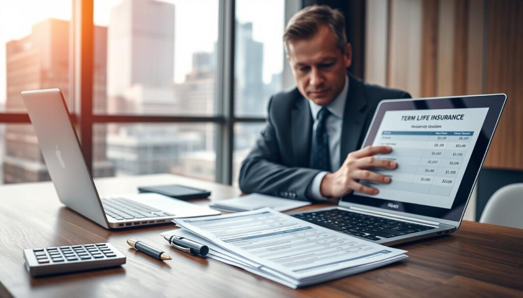 A professional office environment showcasing a sleek wooden desk featuring an open laptop with a digital term life insurance quote displayed on the screen. In the foreground, a neatly organized stack of insurance comparison documents lies beside a modern calculator and a stylish pen. In the middle, a well-dressed individual, a middle-aged person in a suit, is studying the documents closely, with a focused expression. The background includes a large window with natural light streaming in, highlighting modern city skyline views. The atmosphere is serious yet hopeful, conveying the importance of informed financial decisions. Soft focus on the window creates a warm and inviting glow, enhancing the overall professional tone of the scene.