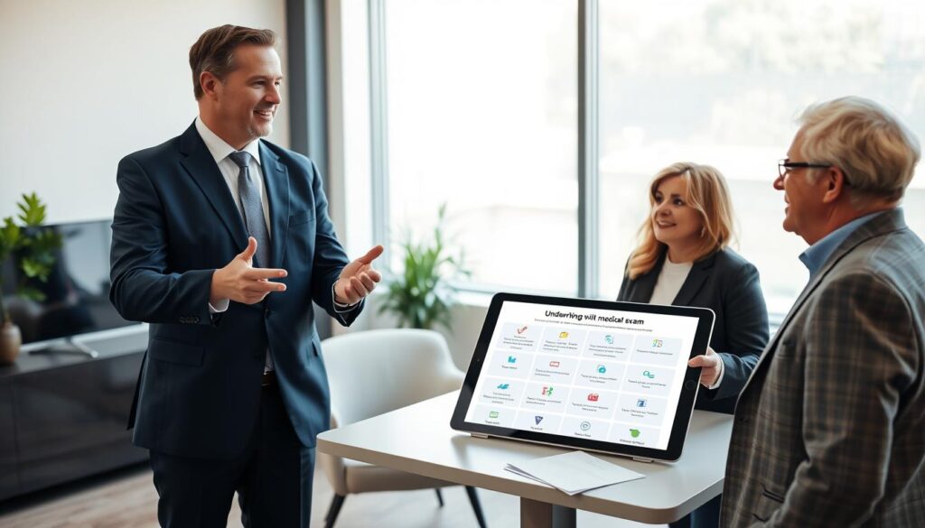 A professional office setting featuring a confident financial advisor in a sharp business suit discussing "underwriting without medical exam" with a middle-aged couple. The advisor, standing in the foreground, is gesturing towards a large tablet displaying simplified underwriting concepts. The couple, dressed in smart casual attire, appears attentive and engaged. In the middle background, a modern desk with essential documents and a plant adds warmth to the scene. Soft, natural lighting filters through a large window, creating a welcoming atmosphere. The overall mood is informative and reassuring, promoting a sense of ease about the insurance process, emphasizing simplicity and accessibility in financial decision-making.