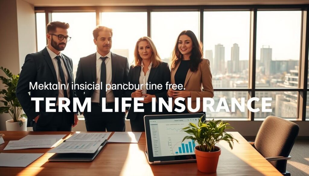 A professional office setting focusing on term life insurance. In the foreground, a diverse group of three professionals, a man and two women, are engaged in a discussion, dressed in smart business attire. The middle layer features a large table covered with documents, a laptop displaying graphs related to insurance coverage, and a potted plant adding a touch of greenery. In the background, a large window reveals a city skyline, with soft sunlight filtering through, creating a bright and optimistic atmosphere. The lighting is warm, casting gentle shadows that enhance the overall clarity of the scene. The camera angle is slightly elevated, capturing the expressions of engagement and seriousness on the professionals' faces, emphasizing the importance of understanding term life insurance today.