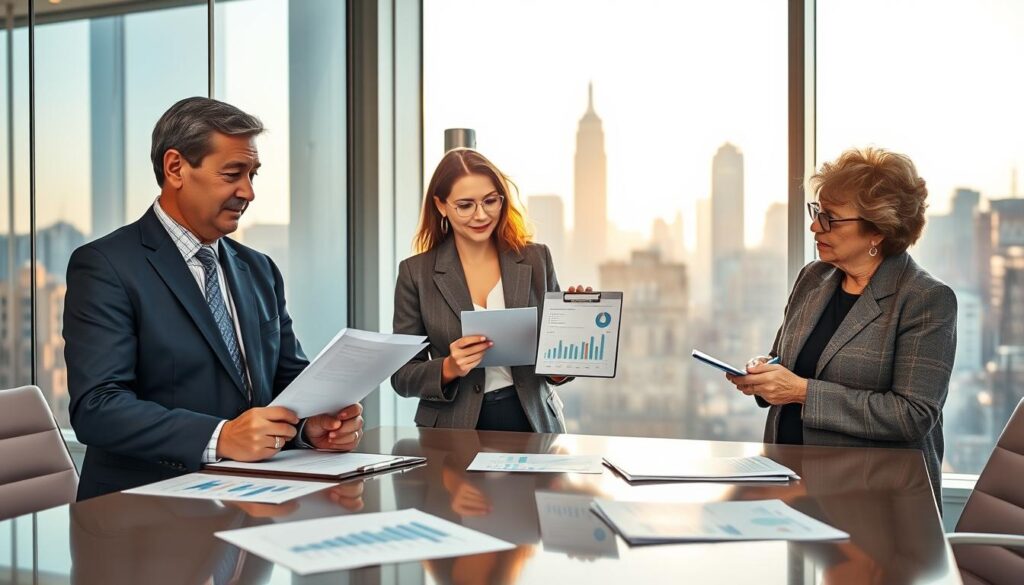 A professional office setting in New York City, featuring a diverse group of three individuals discussing term life insurance rates. In the foreground, a middle-aged man in a tailored navy suit, looking thoughtful while reviewing paperwork. Beside him, a young woman in a smart gray blazer holding a tablet displaying graphs and figures related to insurance rates. The third person, an older woman with glasses, is standing near them, making notes on a notepad. The middle ground shows a sleek modern conference table with documents and financial charts spread out. In the background, large windows reveal the iconic New York skyline bathed in soft morning light, creating an optimistic and professional atmosphere. The scene conveys trust, teamwork, and financial savvy, captured with a warm, inviting color palette.