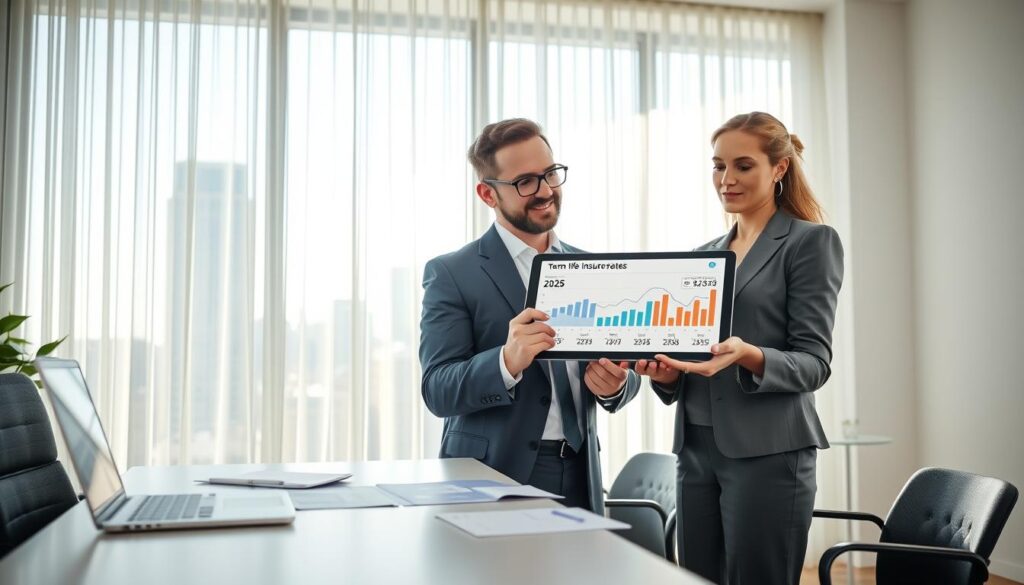 A professional office setting that portrays term life insurance rates in 2025. In the foreground, a confident man and a woman in business attire are discussing a digital tablet displaying graphs and charts of term life insurance rates, showcasing realistic price snapshots. The middle layer includes a sleek modern desk filled with financial documents and a laptop, casting soft light that emphasizes a sense of professionalism. In the background, a large window reveals a city skyline, enriched with natural light filtering through sheer curtains, creating a calm yet focused atmosphere. The image should be bright and well-lit, evoking a sense of trust and clarity in financial decision-making.