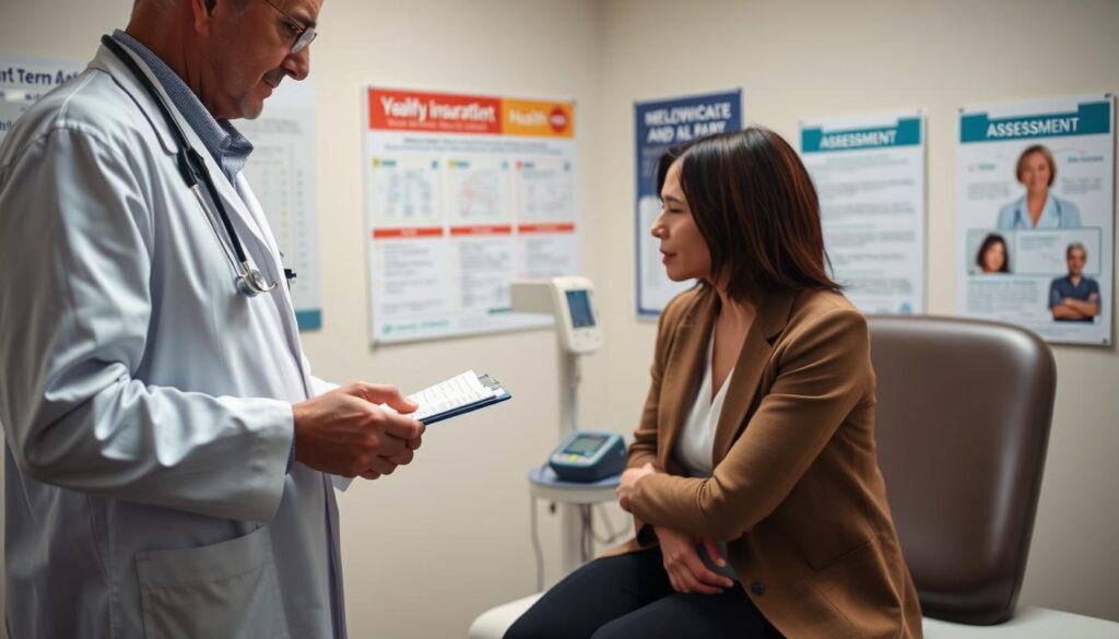 A professional setting depicting a medical exam for term life insurance underwriting. In the foreground, a middle-aged doctor in a white coat, wearing a stethoscope, is taking notes on a clipboard while observing a patient in a modest, professional outfit. In the middle, the patient, anxiously sitting on an exam table, looks at the doctor while a medical device, such as a blood pressure monitor, is in view. The background features medical charts and posters about health assessments. Soft, diffuse lighting creates a calm ambiance, with a focus on the interaction between the doctor and patient. The lens should capture the scene from an angle that emphasizes both the doctor’s attentiveness and the patient's apprehension, conveying the seriousness of the underwriting process.