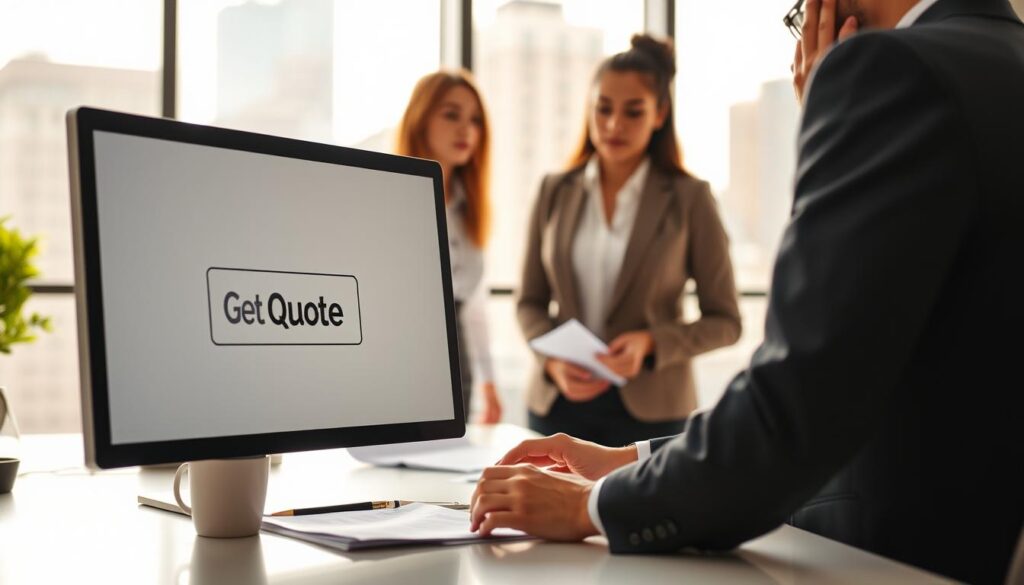 A professional setting focusing on a modern workspace featuring a sleek computer displaying a "Get Quote" button prominently on the screen. In the foreground, a diverse group of two individuals—one male and one female—are engaged in a focused discussion, both dressed in smart business attire. The middle ground shows documents and a coffee cup on the desk, symbolizing the process of obtaining life insurance quotes. The background includes a large window with natural light streaming in, highlighting a cityscape beyond. The overall mood is one of professionalism and efficiency, invoking a sense of trust and clarity in the financial services context. The lighting is bright and inviting, emphasizing a feeling of optimism and approachability.