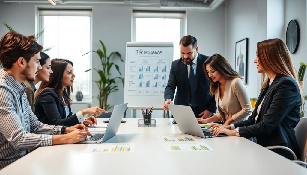 A professional setting with a diverse group of individuals in business attire, gathered around a modern conference table. In the foreground, two people are analyzing term life insurance quotes on a laptop, pointing at the screen while taking notes. In the middle, a whiteboard displays charts comparing different life insurance plans, with colorful graphs and bullet points. The background shows bright, natural light coming through large windows, creating a warm and inviting atmosphere. The room is well-decorated with plants and contemporary art, enhancing the professional ambiance. Use a wide-angle lens to capture the entire scene, emphasizing collaboration and discussion. The overall mood should be focused and productive, illustrating the importance of comparing insurance options effectively.