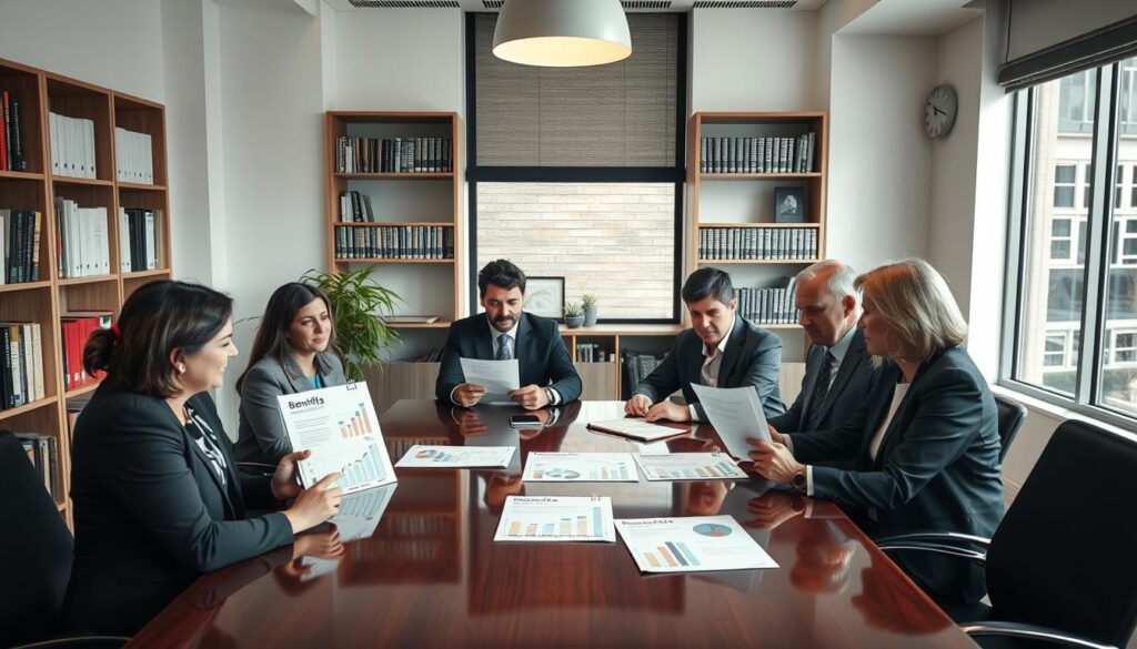 A serene and professional office environment focused on term life insurance benefits. In the foreground, a diverse group of adults dressed in smart business attire sit around a polished conference table, actively discussing and reviewing documents with charts illustrating benefits. In the middle, a large window allows natural light to illuminate the space, highlighting key details of the documents, which feature icons symbolizing security, financial growth, and peace of mind. In the background, shelves filled with books on finance and insurance line the walls, and a subtle potted plant adds a touch of warmth. The overall mood should convey trust, professionalism, and an atmosphere of collaboration, with soft lighting enhancing the sense of optimism for the future.