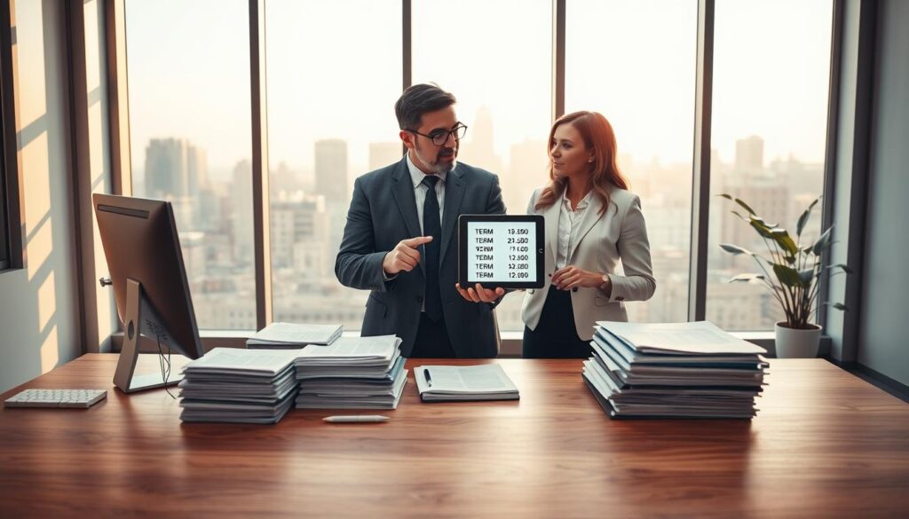 A serene office environment with a large wooden desk in the foreground, featuring a computer, stacks of neatly organized documents, and a calendar. In the middle, a professional-looking man and woman, dressed in business attire, are engaged in a discussion, pointing at various term lengths displayed on a digital tablet. The background shows floor-to-ceiling windows with a view of a city skyline bathed in warm, natural light, creating a calming atmosphere. A potted plant adds a touch of vibrancy, enhancing the professional setting. The mood conveys focus and clarity, with an emphasis on thoughtful decision-making regarding term life insurance policies. The scene is well-lit, with soft shadows, presenting a welcoming yet serious tone that reflects the importance of choosing the right term length for life insurance.