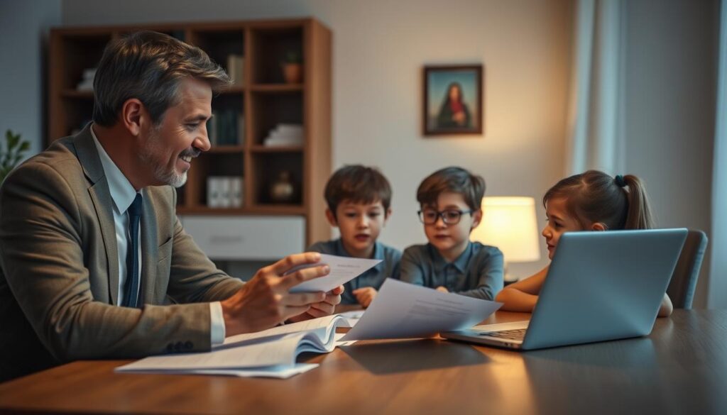 A thoughtful scene depicting a family sitting together at a dining table, discussing life insurance. In the foreground, a couple in professional business attire, a man and a woman, are engaged in a serious yet warm conversation, with documents and a laptop open before them, symbolizing consideration and planning for their future. In the middle ground, two children, a boy and a girl, listen intently, embodying the future they aim to secure. The background features a cozy home environment with soft lighting, creating a reassuring and hopeful atmosphere. The warm glow of a table lamp casts gentle shadows, highlighting the importance of this family discussion. The image should evoke a sense of security and responsible planning, with an emphasis on familial bonds and future assurance.