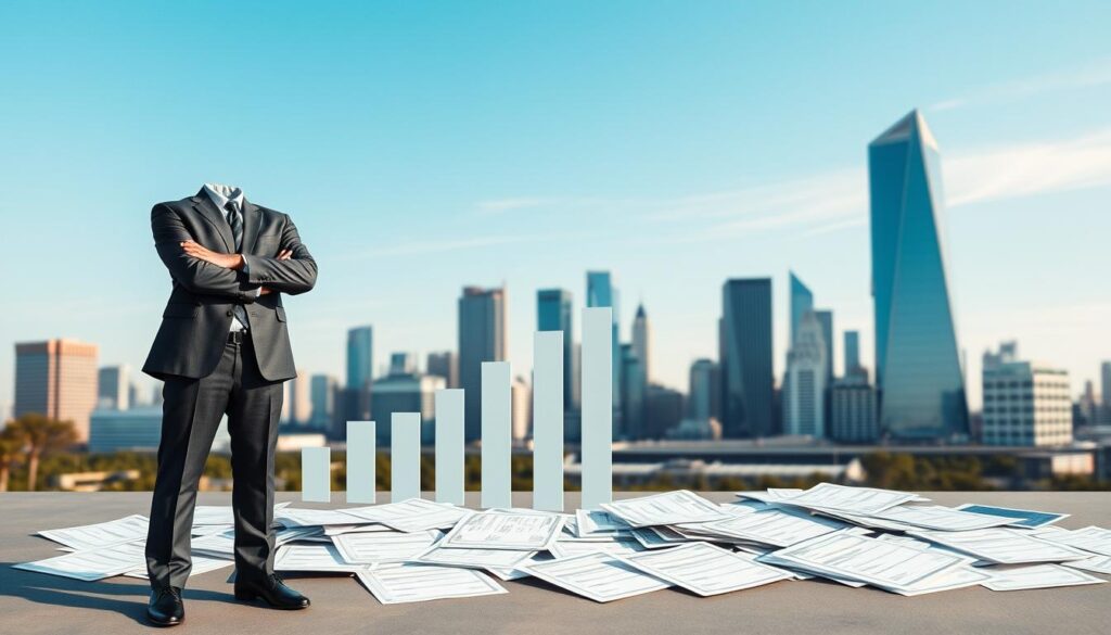 A visually compelling composition symbolizing "financial strength and complaints." In the foreground, depict a confident business professional in a tailored suit, standing assertively with arms crossed, embodying financial strength. In the middle ground, illustrate a bar graph with upward trends indicating growth alongside a series of complaint forms scattered, representing challenges. In the background, feature a modern city skyline under a bright blue sky, signifying stability and progress. Use soft, natural lighting to create a professional atmosphere with an optimistic feel, shot with a 35mm lens to ensure clarity and depth. The overall mood should convey a blend of confidence and caution, reflecting the dual nature of financial performance.