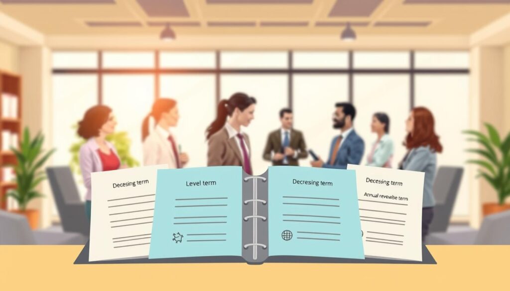 A visually engaging and informative illustration showcasing different types of term life insurance. In the foreground, feature an open folder with labeled documents, each representing a type of term life insurance (e.g., level term, decreasing term, annual renewable term), adorned with professional icons. The middle ground should display a diverse group of individuals dressed in business attire, actively discussing their insurance options, with a sense of professionalism and teamwork. In the background, include a soft-focus financial planning office setting with a large window letting in warm, natural light, creating a welcoming atmosphere. The overall mood should be one of trust, clarity, and informed decision-making, capturing the essence of finding the best term life insurance.