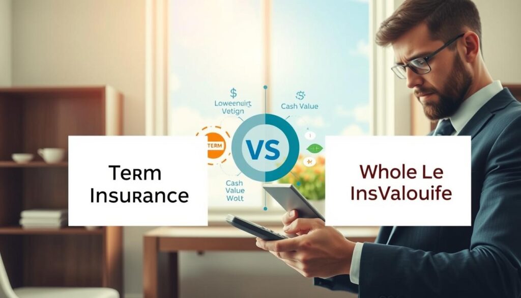 A visually engaging comparison of term life insurance and whole life insurance, featuring a split layout to highlight differences. In the foreground, a professional businessperson in smart attire is thoughtfully analyzing two documents labeled "Term Life" and "Whole Life" with a calculator. In the middle, graphics depicting key features such as "Lower Premiums" for term life and "Cash Value" for whole life are artistically intertwined. The background features a calming office environment with a window showing a sunny sky, suggesting clarity and optimism. Soft, warm lighting enhances the inviting atmosphere. The angle is slightly tilted from above, providing a comprehensive view, evoking a sense of decision-making and professionalism.