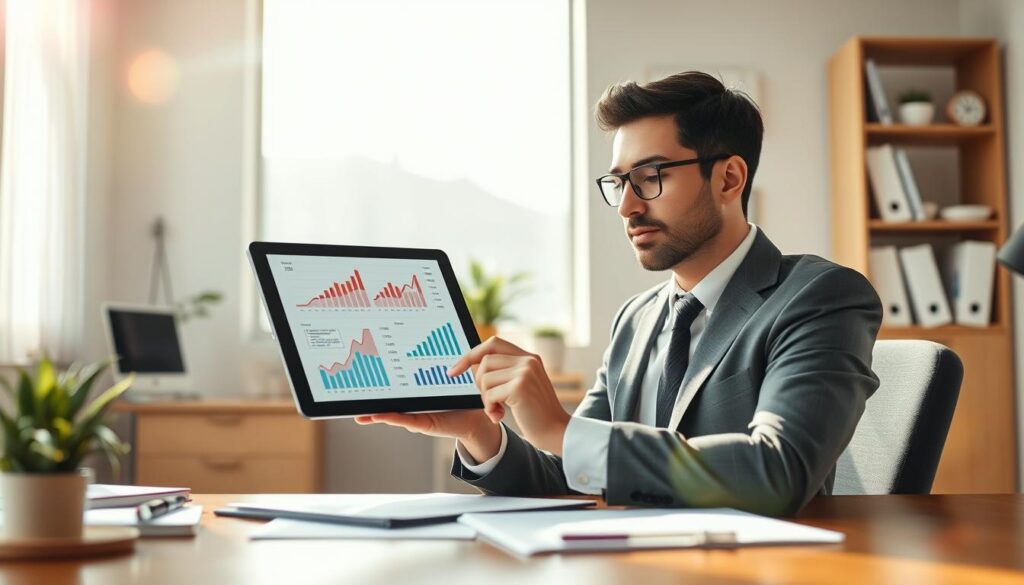A visually engaging depiction of "term life insurance rates," showcasing a serene office environment. In the foreground, a professional-looking individual in business attire, sitting at a desk, examining a digital tablet filled with graphs and charts reflecting insurance rates. In the middle ground, a well-organized workspace with documents and a potted plant adds a touch of professionalism. The background features a large window with natural light streaming in, illuminating the room and creating a warm, inviting atmosphere. The overall mood is focused yet optimistic, emphasizing the importance of understanding term life insurance rates in today's financial landscape. Utilize soft lighting with a slight lens flare to enhance the visual appeal, capturing a moment of clarity and insight.