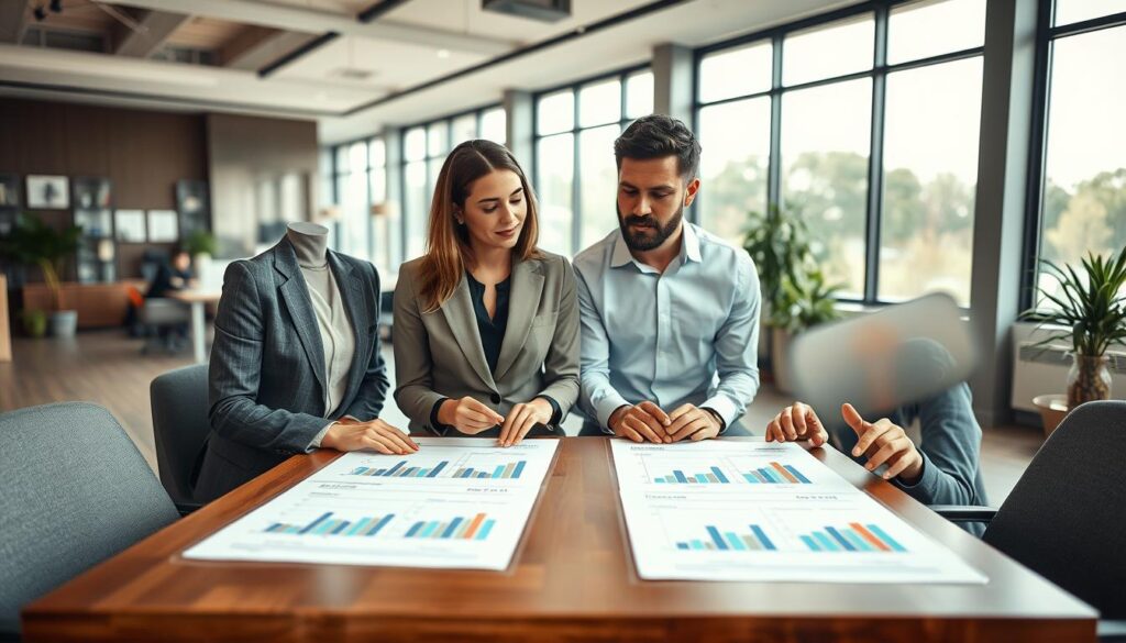 A visually engaging scene depicting a diverse group of three professionals in an office setting, focused on selecting term lengths for life insurance. The foreground features a well-organized table with charts and graphs illustrating different term lengths, suggesting various needs. In the middle, two individuals, a woman in a smart business suit and a man in a professional shirt, are actively discussing the options, gesturing towards the charts with thoughtful expressions. The background showcases a modern office with large windows letting in soft, natural light, creating a warm and inviting atmosphere. Use a wide-angle lens to capture the depth of the room, emphasizing collaboration and decision-making. Overall, convey a mood of confidence and clarity, as the team works together to find the best term length solution.