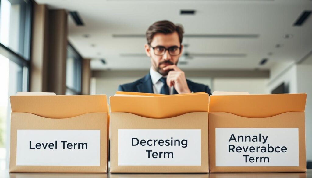 A visually engaging split image illustrating different types of term life insurance policies. In the foreground, feature three distinct policy types represented by three folders, each labeled clearly: "Level Term," "Decreasing Term," and "Annual Renewable Term." The middle ground includes a thoughtful professional, dressed in business attire, examining these folders with a discerning look. The background displays a modern office setting with a neutral color palette, soft natural lighting filtering through large windows, creating a calm and focused atmosphere. The angle should present the scene slightly from above, emphasizing the analysis aspect of choosing the right insurance policy while ensuring a professional tone throughout the image.