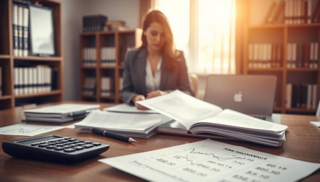 A visually striking image depicting the concept of term life insurance rates. In the foreground, a well-organized desk with a calculator, financial documents showing various rate comparisons, and a laptop displaying a graph with fluctuating rates. In the middle ground, a professional businesswoman in smart attire is analyzing the documents, looking focused and thoughtful. The background features a softly blurred office setting with shelves of books on finance, creating an academic atmosphere. The lighting is warm and inviting, with natural light streaming through a window, highlighting the seriousness yet approachable nature of financial planning. The overall mood is informative and trustworthy, ideal for readers seeking clarity in their life insurance comparisons.