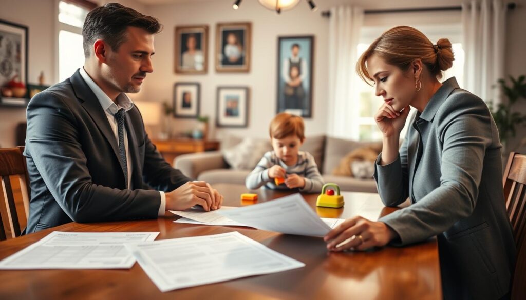 A warm and inviting home setting showing a thoughtful family gathered around a dining table. In the foreground, a couple in professional business attire consult with each other over papers that denote life insurance quotes, showcasing expressions of careful consideration and planning for their children's future. In the middle ground, a child is playing with a toy, symbolizing family togetherness and security. The background features a softly lit living room with family portraits on the wall and a window allowing natural light to filter in, creating an optimistic atmosphere. The overall mood conveys responsibility, warmth, and a focus on family protection, with a shallow depth of field to emphasize the subjects while keeping the background softly blurred.