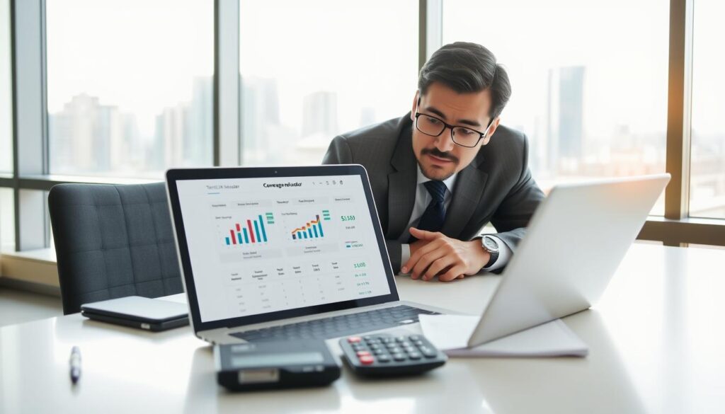 A well-dressed professional in business attire sits at a modern desk, leaning over a sleek laptop open to a detailed coverage calculator for term life insurance. The foreground features a clutter-free workspace with a notepad and calculator, while in the middle, the laptop screen displays colorful graphs and policy options related to insurance coverage. In the background, a large window reveals a bright urban skyline, indicating a sense of clarity and opportunity. Soft, natural light pours in, creating a warm and inviting atmosphere. The camera angle is slightly above eye-level, focusing on the laptop and professional, reflecting the seriousness and clarity needed in financial planning. The overall mood conveys determination and professionalism, perfect for illustrating the theme of calculating insurance needs.