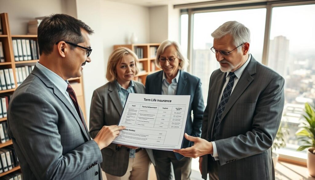 A well-organized office environment depicting a professional financial advisor consulting with a middle-aged couple about term life insurance options. In the foreground, the advisor, dressed in a tailored suit, is pointing to a detailed chart on a tablet, illustrating various policy options. The couple, in business casual attire, appears engaged and thoughtful. In the middle background, shelves filled with financial books and a large window showcasing a sunny cityscape create a sense of transparency and reliability. Soft, natural light floods the room, enhancing the inviting atmosphere. The angle is slightly overhead, capturing the interaction while emphasizing the advisor's expertise. Overall, the mood is informative and reassuring, evoking trust and professionalism in financial decision-making.