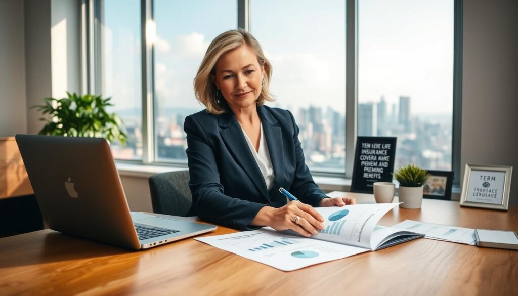 A well-organized workspace featuring a wooden desk with an open laptop displaying graphs and statistics related to life insurance. In the foreground, a professional-looking, middle-aged woman dressed in smart business attire is analyzing documents with a pen in hand, exuding confidence and focus. In the middle background, a large window allows natural light to flood the space, with a view of a serene city skyline that instills a sense of stability. Soft, warm lighting enhances the atmosphere, creating a welcoming yet professional mood. Subtle decorative elements like a potted plant and an inspirational quote frame add a touch of personalization without distraction, highlighting the importance of understanding term life insurance coverage, premiums, and benefits.